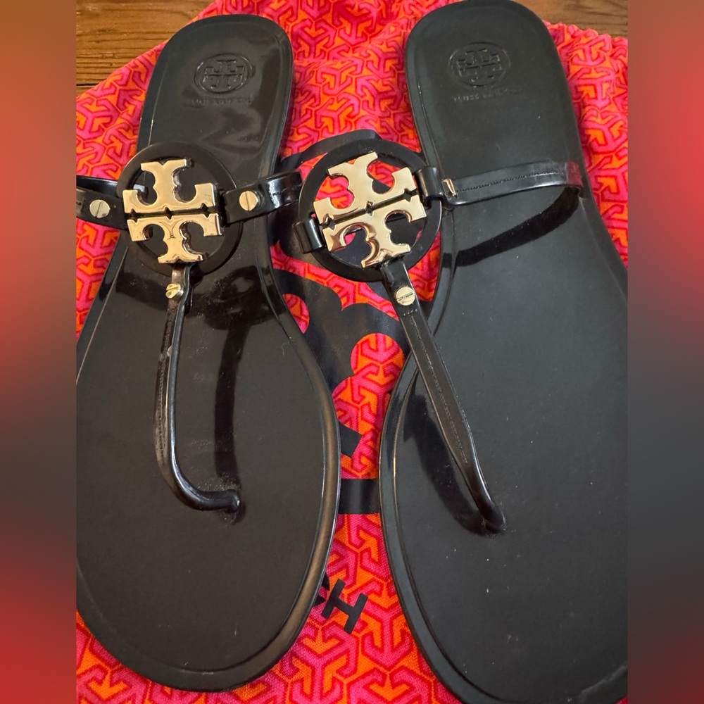 Tory Burch Black and Gold Logo Sandals